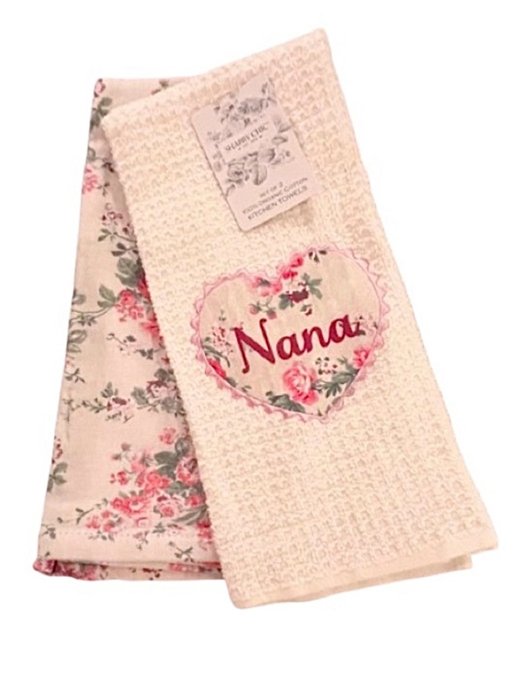 🆕-Shabby Chic Set/2 "Nana" Organic Cotton Floral Kitchen Towels